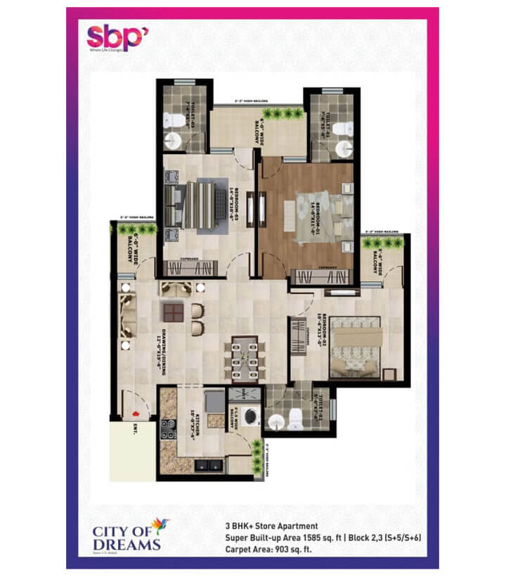 SBP City of Dreams – Floor Plan 3BHK