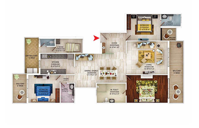 MAXIMA 3 BHK + Servant (Layout Plan)