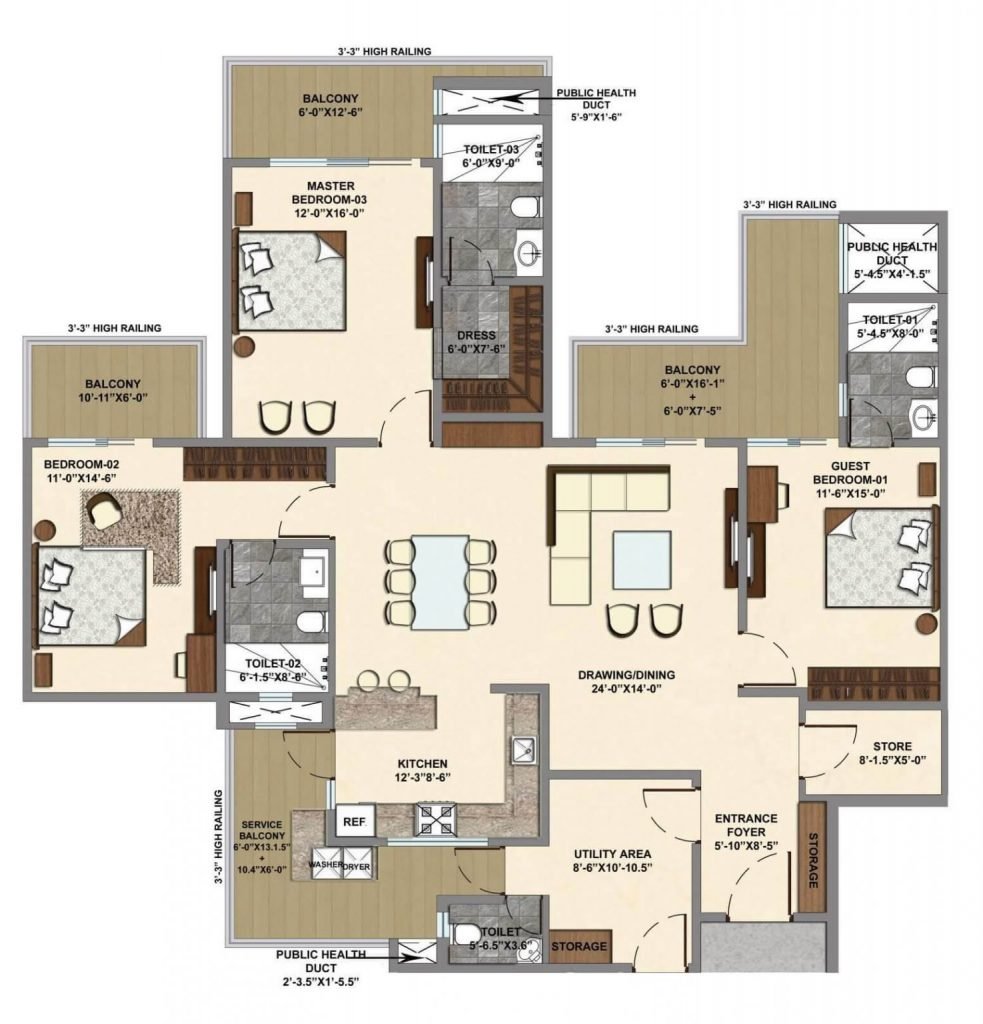 Typical floor plan (Platinum) 3 BHK + Utility + Store/Puja room