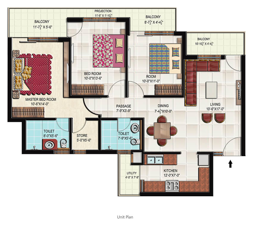 Floor Plan – 3 BHK + 2 Bath